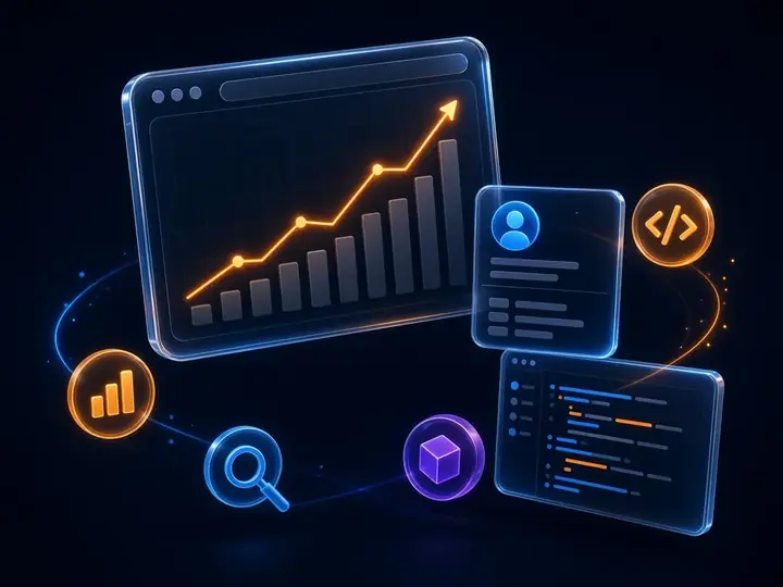 DoyaSoft dijital çözümleri: analitik grafik, CRM paneli ve kod editörünü gösteren 3D illüstrasyon
